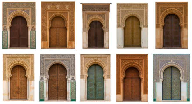 Twelve Intricately Carved Wooden Doors with Moorish Architectural Details