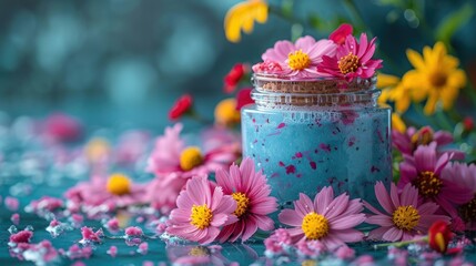 Aromatic homemade scrub with fresh flowers, a luxurious wellness treatment