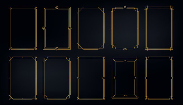 Simple golden frames. Thin luxury gold borders for wedding invitation card, modern geometric art deco frame elements. Vector elegant set