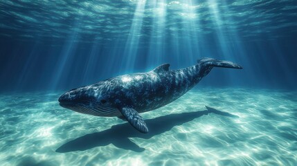 A gray whale gracefully swims in sunlit shallows