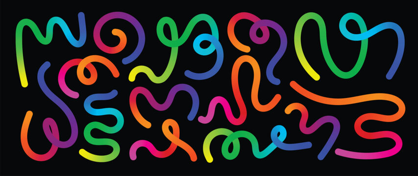 Abstract gradient line element design vector set. Creative concept modern art design with dynamic colorful wavy line shapes. Illustration for background, banner, card, poster, branding, ads.