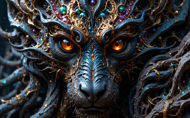 Fototapeta premium A captivating close-up showcases a mystical creature with glowing orange eyes. Intricate golden ornaments adorn its dark fur, creating a striking and regal visage.