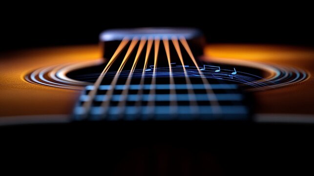 Acoustic guitar strings vibrating with musical note overlays against dark backdrop