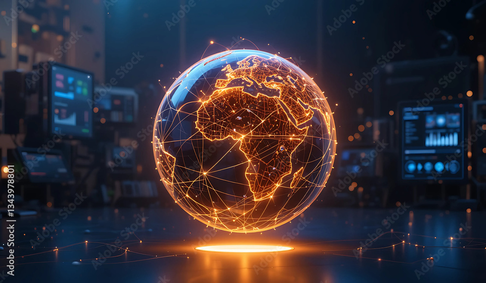 Poster a glowing digital earth, interconnected with lines of light, symbolizes the global reach and interco