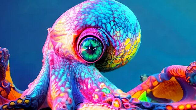 A 3D model of a surreal morphing octopus changing its body shape and texture against an underwater blue background.