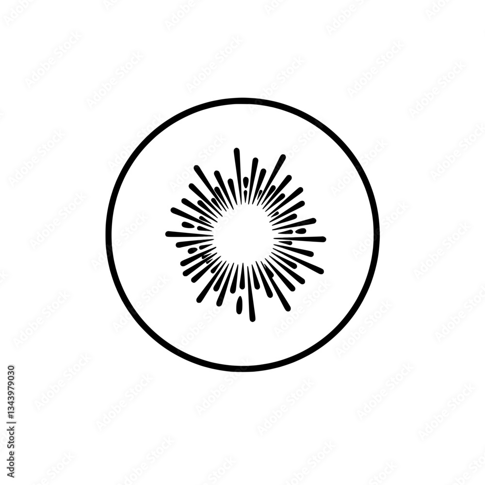 Poster abstract burst in a circle: a black and white minimalist abstract illustration of a radiant burst pa