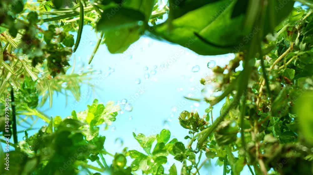 Poster mix of fresh herbs with camera motion up in the air. blue sky on background with watering can throwi