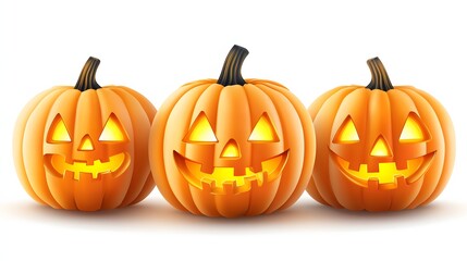 Three Glowing Carved Halloween Pumpkins with Smiling Faces Against a White Background