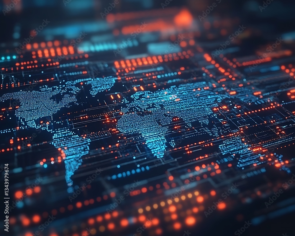 Poster A digital world map displaying interconnected data and global networks