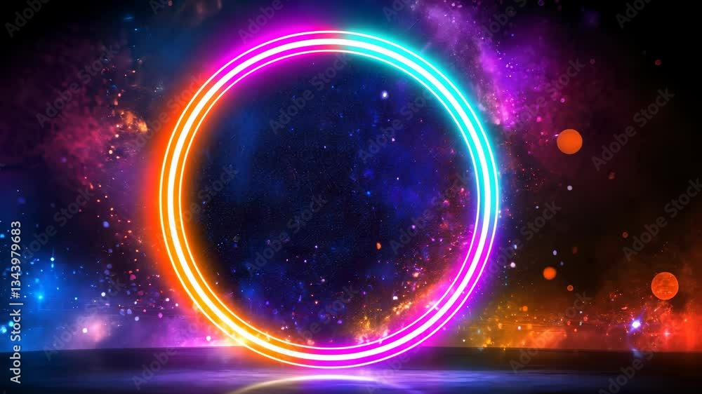 Poster vibrant neon frame circle glowing in creating dark empty space, background a futuristic and dynamic 