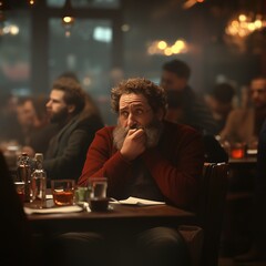 An old man sits sadly in a bar.