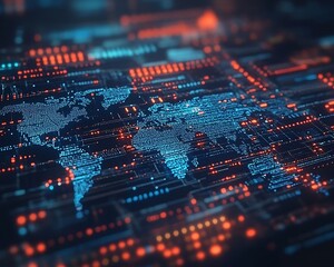 A digital world map displaying interconnected data and global networks