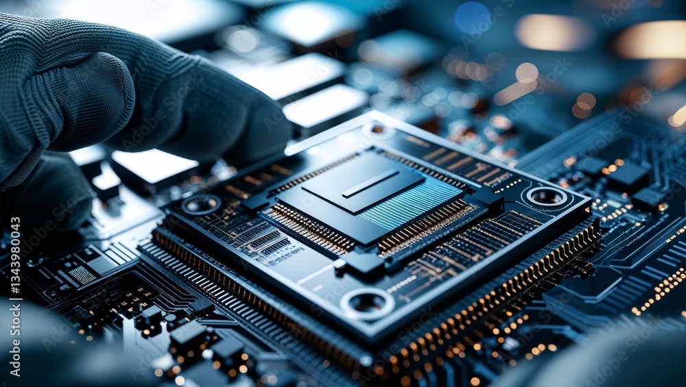 Poster precision assembly of a microprocessor on a circuit board in a high-tech environment at night