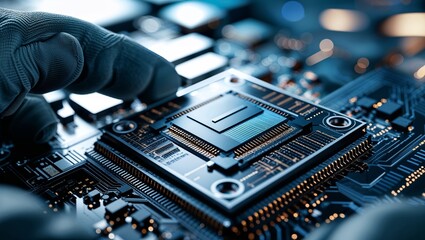 Precision assembly of a microprocessor on a circuit board in a high-tech environment at night