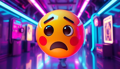 Worried Emoji in Neon Futuristic Cityscape Displays Digital Anxiety