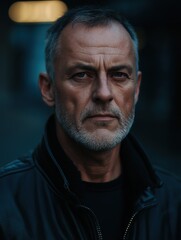 Obraz premium Close-up portrait of a middle-aged man with a serious expression on his face. he has short, grey hair and a beard. he is wearing a black leather jacket and a black t-shirt.
