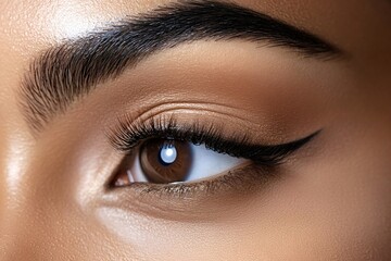 Obraz premium Professional makeup highlighting long eyelashes and perfect eyebrows enhances the beauty and health of a brown eye, creating a captivating look