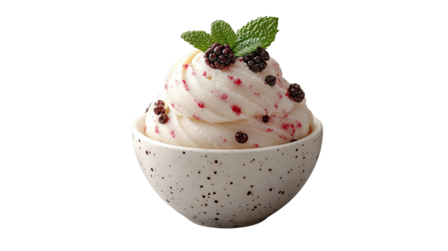 Berry Delight: A close-up shot captures the delicate artistry of a dessert, creamy texture is accentuated by the vibrant color of berries, a mint leaf adds a refreshing touch.