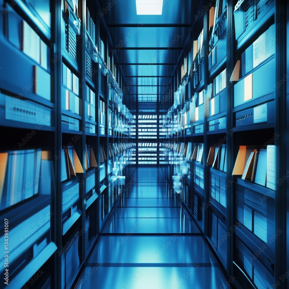 Poster a futuristic blue archive corridor filled with organized files and data storage