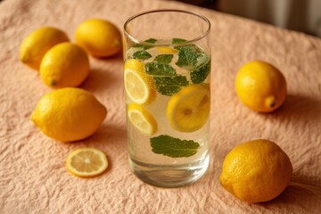 Fototapeta premium Lemonade Stand Vibes: A tall glass of lemonade with floating lemon slices and sprigs of mint