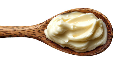 Creamy Mayonnaise: A close-up view of a wooden spoon laden with creamy, smooth mayonnaise, a staple condiment.