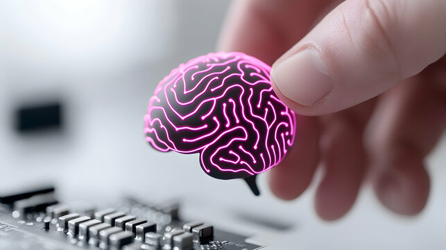Hand Holding a Pink Brain Shaped Circuit Board over a Black Circuit Board