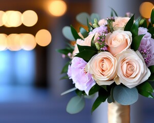 A beautiful bouquet featuring roses and eucalyptus in a softly lit background.