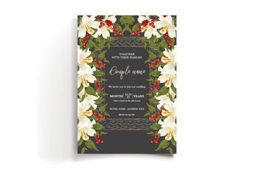 WEDDING INVITATION FRAME WITH FLOWER DECORATIONS AND FRESH LEAVES