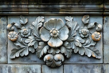 Flower Carving on Textured Brick Wall Stone Detail