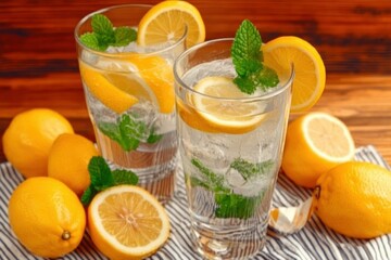Lemonade Stand Vibes: A tall glass of lemonade with floating lemon slices and sprigs of mint