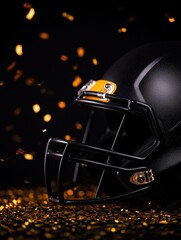 Naklejka premium A black football helmet with golden accents against a dark backdrop and confetti.