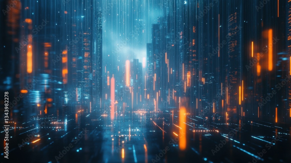 Poster abstract visualization of cloud computing, with illuminated digital data rain flowing from the cloud