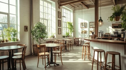 Obraz premium Bright cafe interior with plants and sunlight