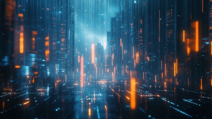 Abstract visualization of cloud computing, with illuminated digital data rain flowing from the cloud, representing a world of fast, seamless connectivity.