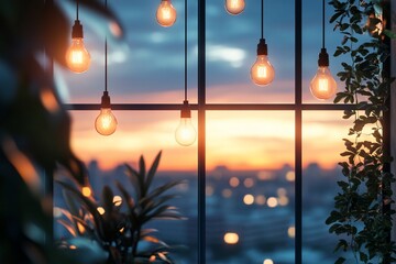 Sunset city view through window with string lights,  perfect for home decor