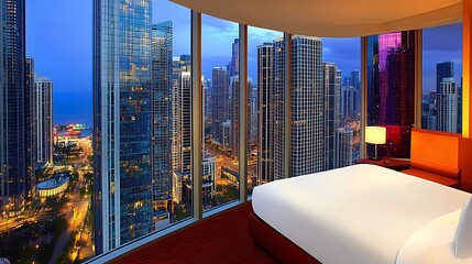 Modern bedroom showcases stunning views of a vibrant city at night