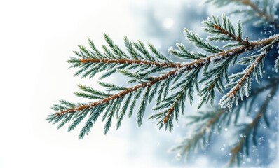 Frosty evergreen branch in winter