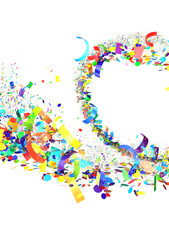 A festive explosion of colorful confetti and ribbons on a white background. Perfect for celebrations, parties, and holidays.