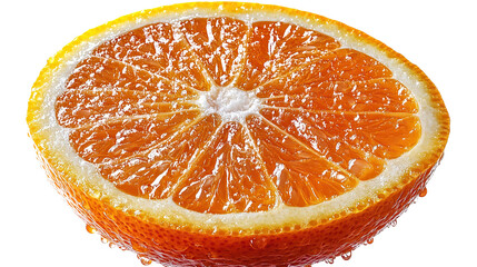 Juicy Orange: A close-up shot captures the vibrant texture and inviting essence of a freshly cut orange half, glistening with refreshing droplets, a tantalizing symbol of health and vitality.