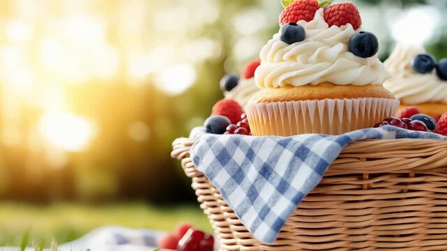 Berry Topped Cupcakes: Summer picnic treat with fresh berries and whipped cream on a gingham cloth