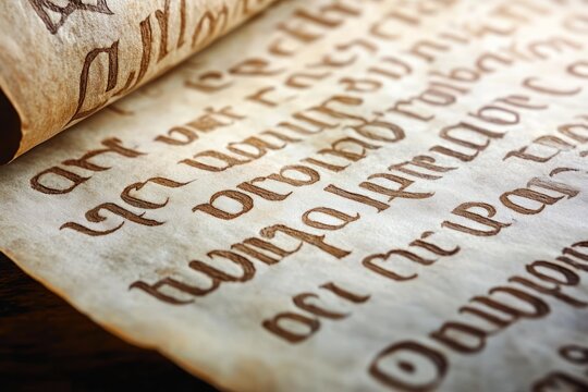Ancient Greek Calligraphy Close Up of Uncial Script on Parchment in Warm Tones with Natural Lighting