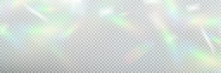 Rainbow crystal light leak flare reflection effect. Vector illustration set. Colorful optical rainbow lights beam lens flare leak overlay streaks on transparent dark background