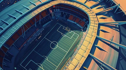 Aerial view of a vibrant soccer stadium emphasizing architectural design