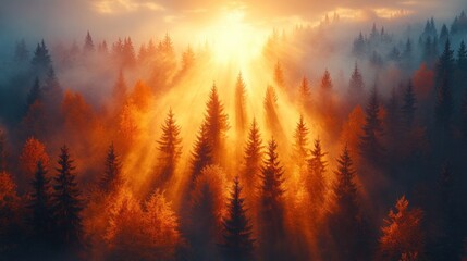 Fototapeta premium Aerial View of Autumn Forest at Sunrise with Sunlight Beams and Vibrant Colors