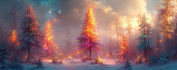 Magical winter forest with glowing Christmas tree and festive lights in a snowy landscape