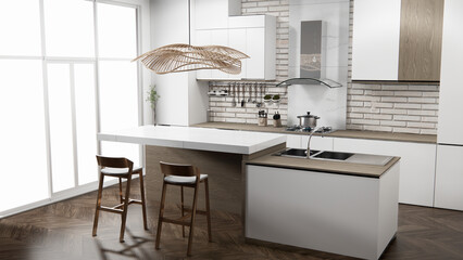 white brick wall modern loft style on kitchen counter scene mockup kitchen bar and set shaped kitchen design. 3d rendering