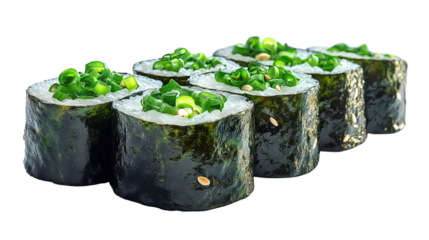 Sushi Delights: A close-up shot of freshly made sushi rolls, expertly crafted with vibrant green onions and other fresh ingredients