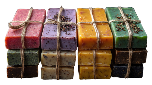 Artisan Soap Collection: A captivating collection of colorful, handmade artisan soaps, each uniquely scented and thoughtfully wrapped with natural twine.