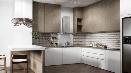 Fototapeta premium white brick wall modern loft style on kitchen counter scene mockup kitchen bar and set shaped kitchen design. 3d rendering