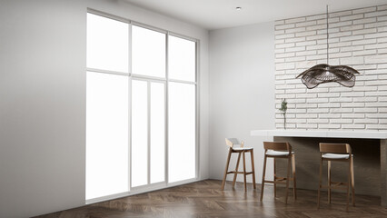 white brick wall modern loft style on kitchen counter scene mockup kitchen bar and set shaped kitchen design. 3d rendering